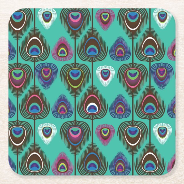 cute peacock feather pattern square paper coaster (Front)