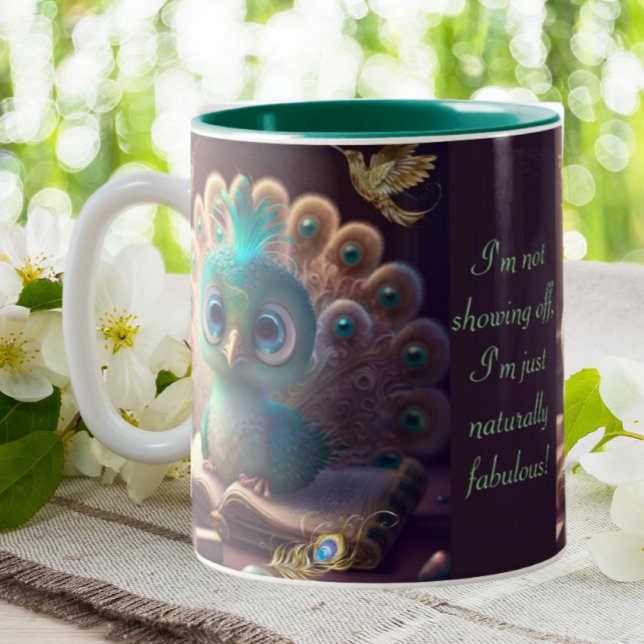 Cute Peacock Funny Naturally Fabulous Quote Custom Two-Tone Coffee Mug (Creator Uploaded)