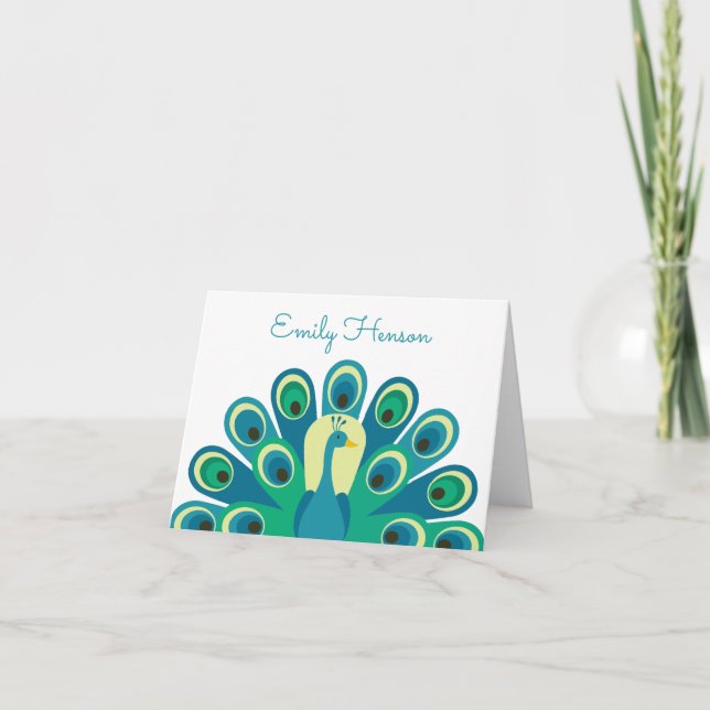 Cute Peacock Personalized Folded Note Cards (Front)