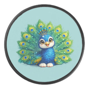 Cute Peacock with Big Eyes Kawaii Bird Design Hockey Puck