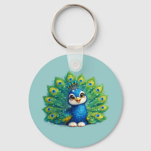 Cute Peacock with Big Eyes Kawaii Bird Design Key Ring