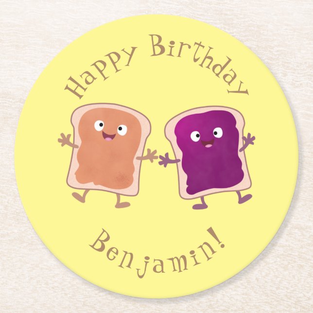Cute peanut butter and jelly sandwich cartoon round paper coaster (Front)