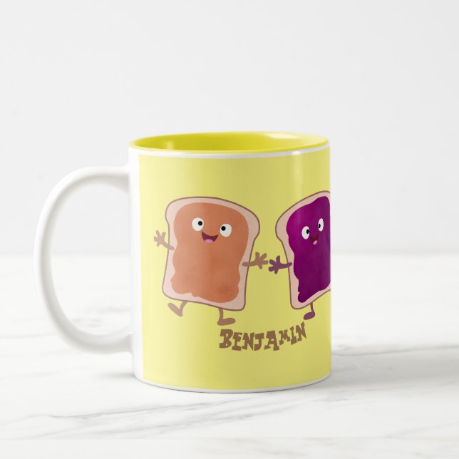Cute peanut butter and jelly sandwich cartoon  Two-Tone coffee mug (Left)
