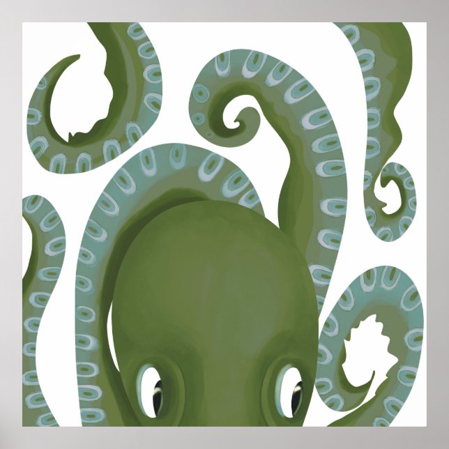 Cute Peek-A-Boo Green Octopus Poster (Front)