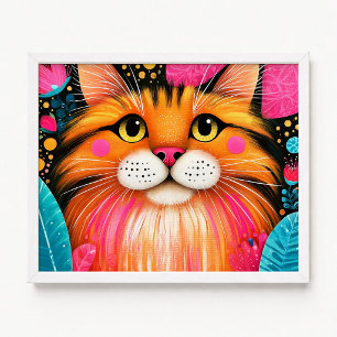 Cute Peek Pink and Orange Maine Coon Cat Painting Poster