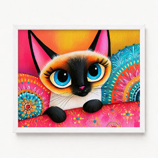 Cute Peek Pink and Orange Siamese Cat Painting Poster