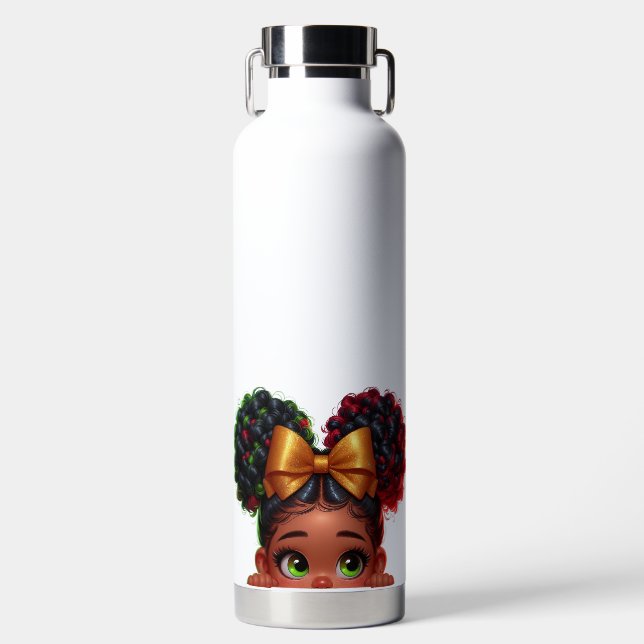 CUTE PEEKING AFRICAN AMERICAN GIRL WATER BOTTLE (Front)