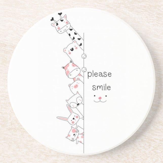Cute Peeking Animals "Please Smile" Whimsical Spir Coaster (Front)