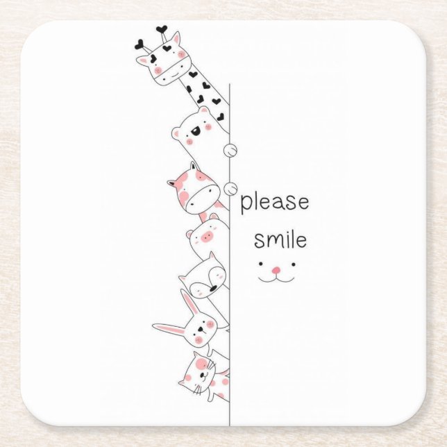 Cute Peeking Animals "Please Smile" Whimsical Spir Square Paper Coaster (Front)
