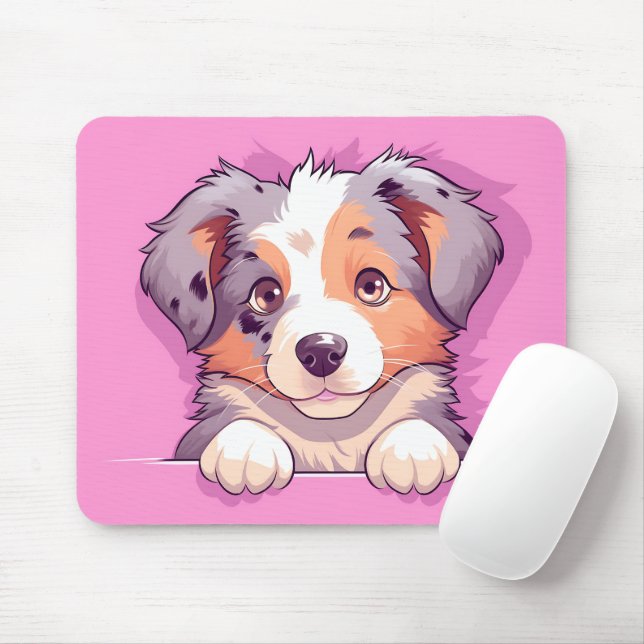 Cute Peeking Australian Shepherd Dog Mouse Pad (With Mouse)