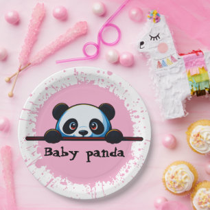 Cute Peeking Baby Panda Pink Splatter Paper Plates