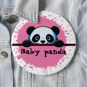 Cute Peeking Baby Panda Pink Splatter Pin Button