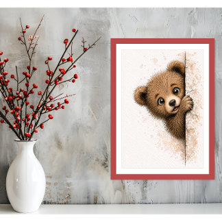 Cute Peeking Bear Wall Art Woodland Cub Print