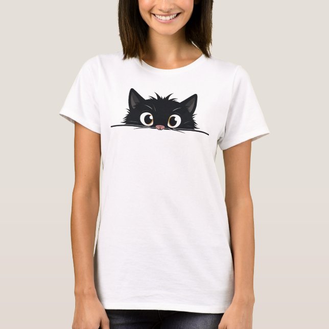 Cute Peeking Black Cat T-Shirt (Front)