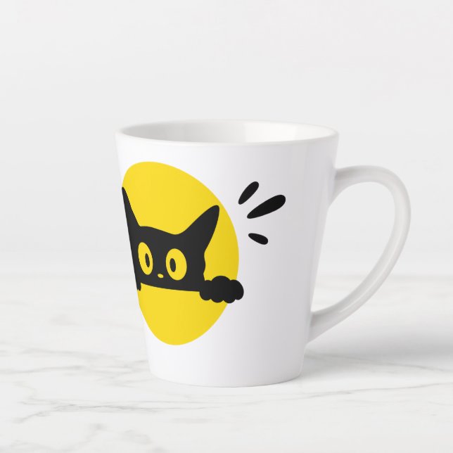 Cute Peeking Black Cat Yellow Circle Latte Mug (Right)
