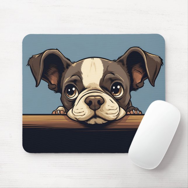 Cute Peeking Boston Terrier Dog Mouse Pad (With Mouse)
