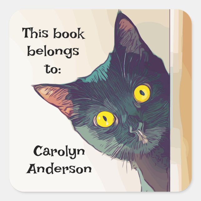 Cute Peeking Cat Design Bookplate Sticker (Front)