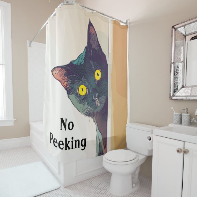 Cute Peeking Cat Design Shower Curtain (In Situ)