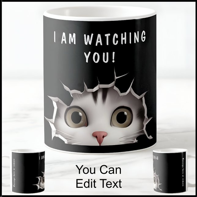 Cute Peeking Cat Watching You Funny Novelty Black Coffee Mug (Creator Uploaded)