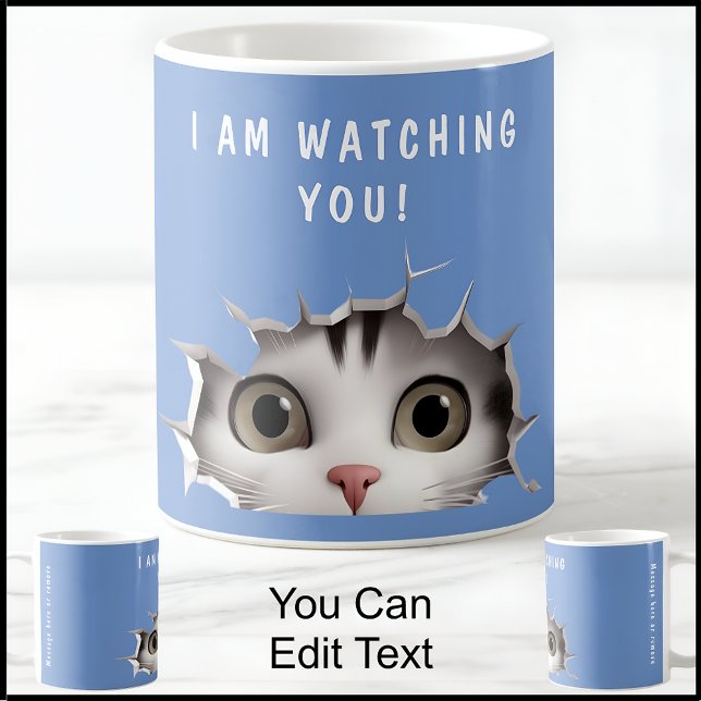 Cute Peeking Cat Watching You Funny Novelty Blue Coffee Mug (Creator Uploaded)