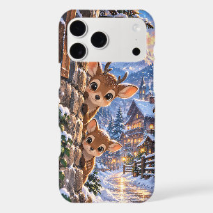 Cute Peeking Fawns Winter Alpine Village Snow Art