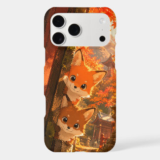 Cute Peeking Foxes Autumn Temple Maple Leaves