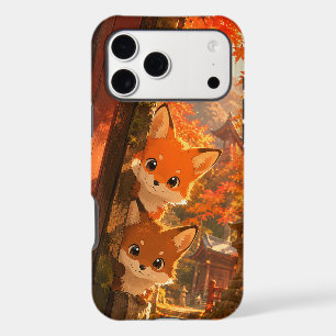 Cute Peeking Foxes Autumn Temple Maple Leaves