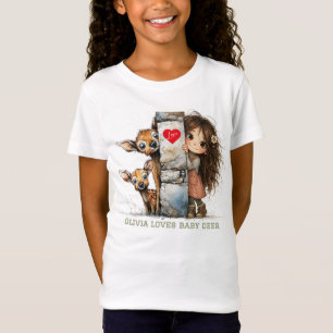 Cute Peeking Girl and Baby Deer T-Shirt
