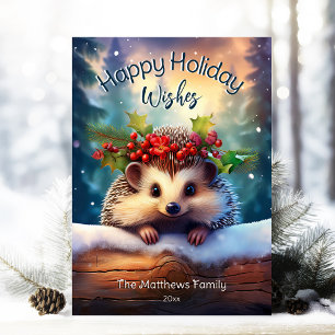 Cute Peeking Hedgehog Snowy Winter Woodland Forest Holiday Card