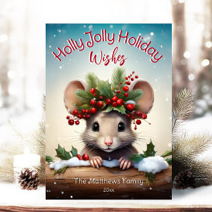 Cute Peeking Mouse Holly & Berry Jolly Christmas Holiday Card