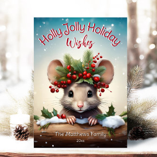 Cute Peeking Mouse Holly & Berry Jolly Christmas Holiday Card