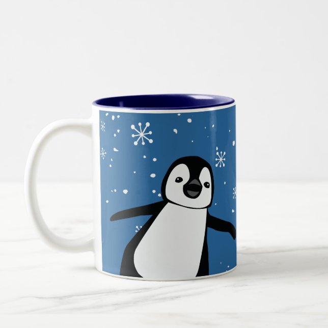 Cute Peeking Penguin Winter Blue Personalised  Two-Tone Coffee Mug (Left)