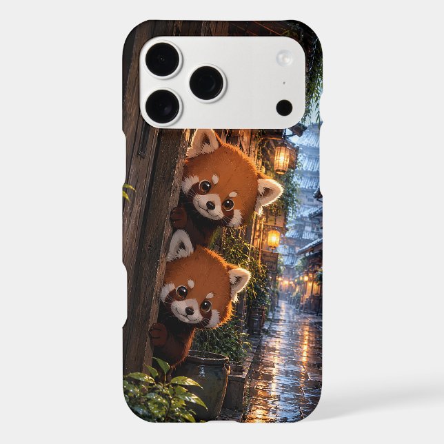 Cute Peeking Red Pandas Rainy Lantern Street (Back)