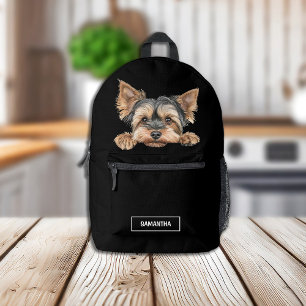 Cute Peeking Yorkie on Black with Name Printed Backpack