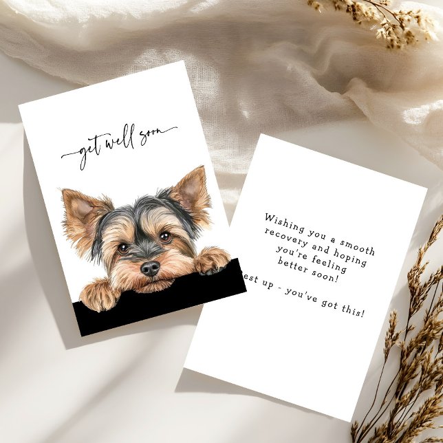 Cute Peeking Yorkie Script Get Well Soon Card (Creator Uploaded)