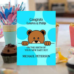 Cute Peeping Bear   Cartoon   Polka Dot   Blue Invitation
