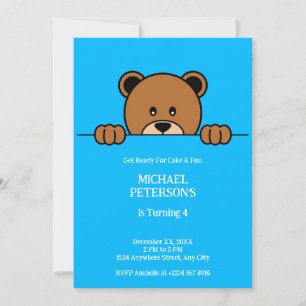 Cute Peeping Bear Simple Cartoon on Blue Invitation