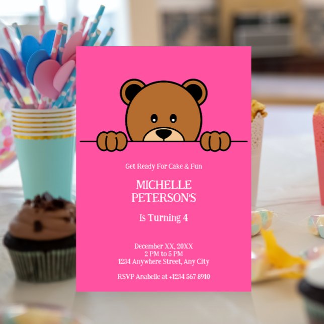 Cute Peeping Bear | Simple Cartoon on Pink Invitation (Creator Uploaded)