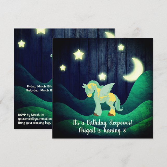 Cute Pegasus, Moon, Stars Sleepover Horse Birthday Invitation (Front/Back)