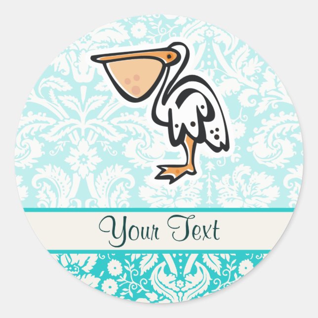 Cute Pelican; Teal Classic Round Sticker (Front)