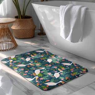 Cute pelicans colourful tropical flowers pattern bath mat
