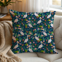 Cute pelicans colourful tropical flowers pattern