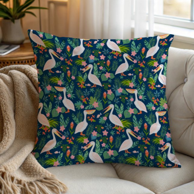 Cute pelicans colourful tropical flowers pattern cushion (Creator Uploaded)