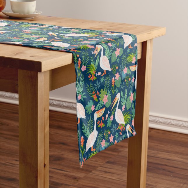 Cute pelicans colourful tropical flowers pattern short table runner (In Situ)