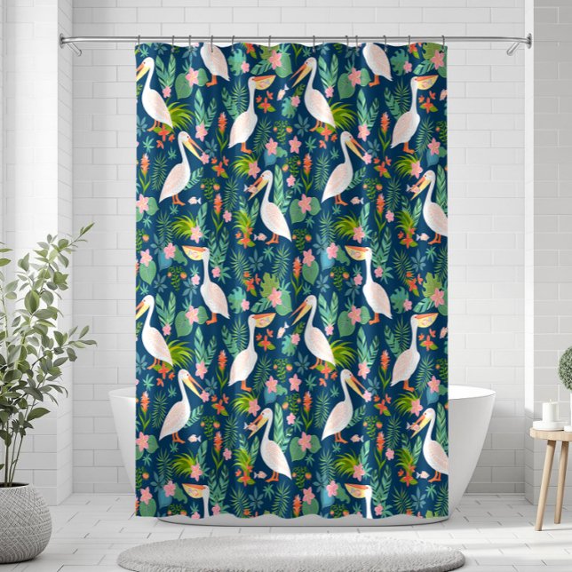 Cute pelicans colourful tropical flowers pattern shower curtain (Creator Uploaded)