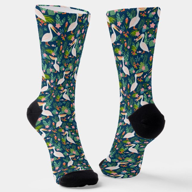 Cute pelicans colourful tropical flowers pattern socks (Angled)