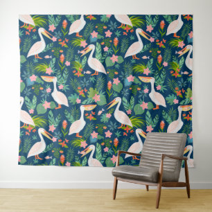 Cute pelicans colourful tropical flowers pattern tapestry