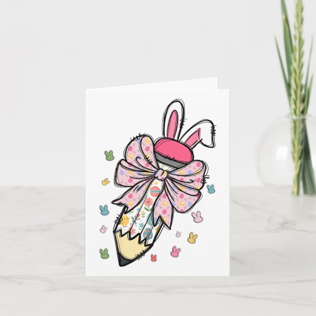 Cute Pencil Coquette Bow Bunny Easter Day Teacher  Card (Front)