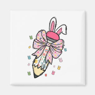 Cute Pencil Coquette Bow Bunny Easter Day Teacher Magnet