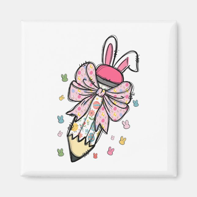 Cute Pencil Coquette Bow Bunny Easter Day Teacher  Magnet (Front)